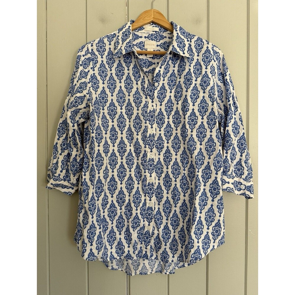 Chico's No-Iron Linen Ikat-Print Button Down Shirt Top 1 M Medium Blue White